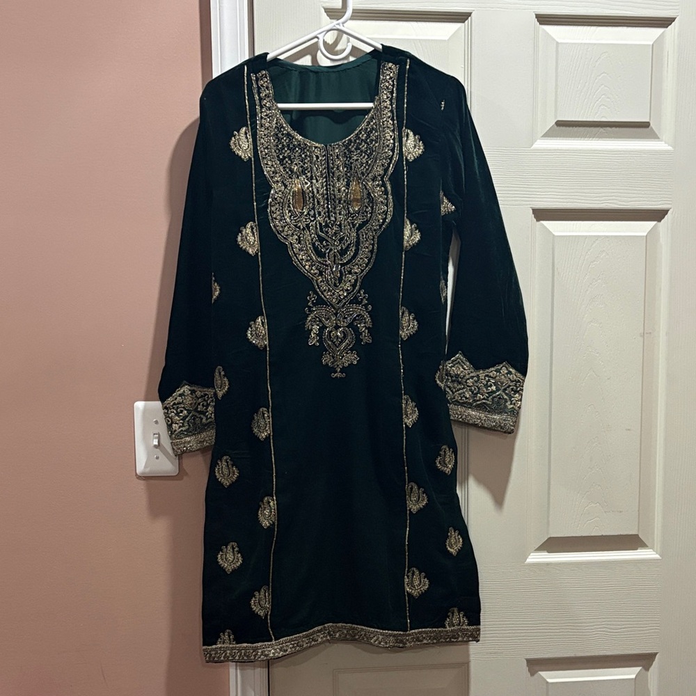 Elegant green and Gold velvet Embroidered Dress